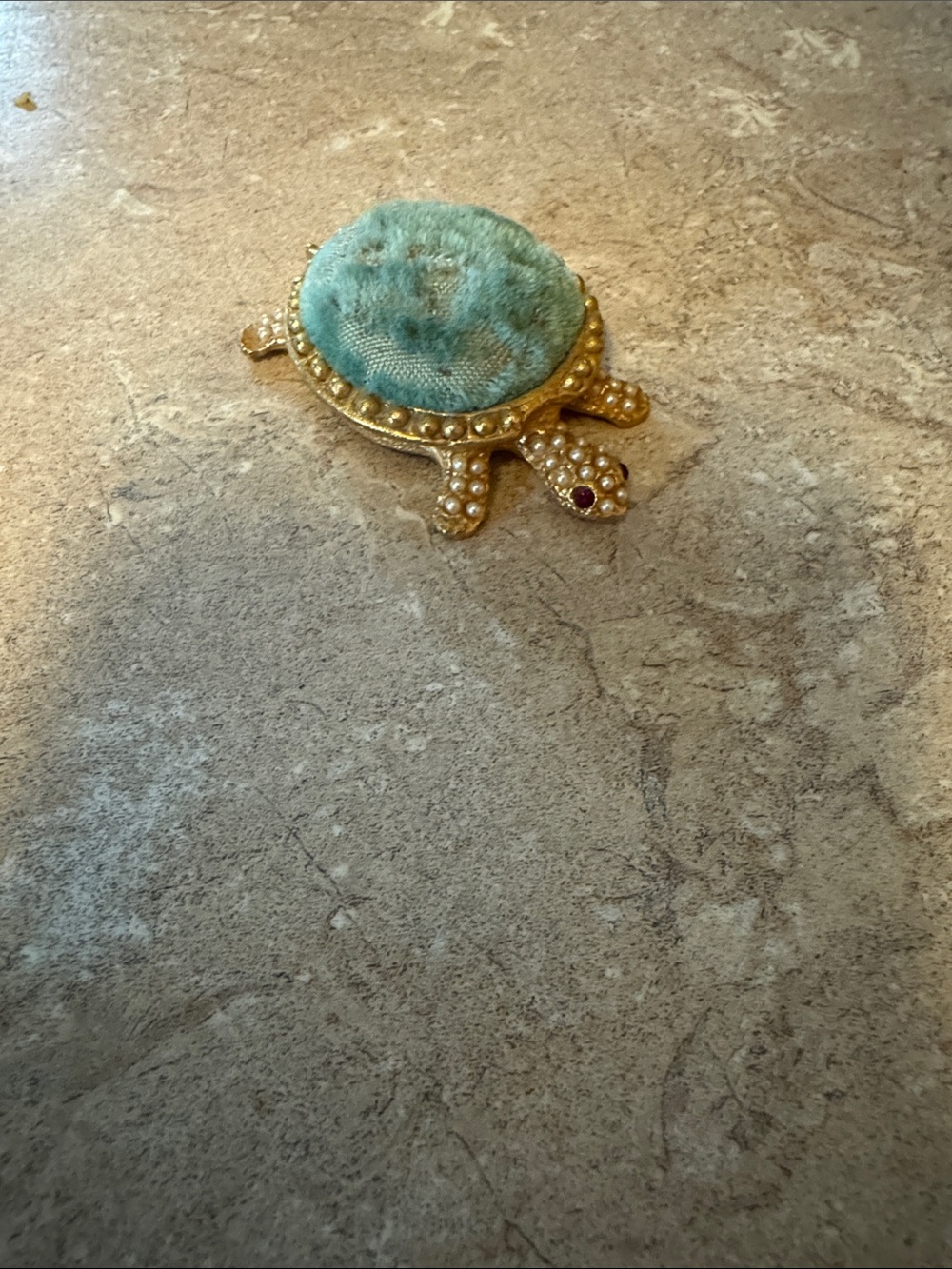 Gold Turtle Pin Cushion with Teal Velvet Top - Unbranded